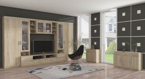 Meblościanka z witryną Paris SO01 z 2 komodami 3D 2S i 2D 2S Dąb Sonoma + LED