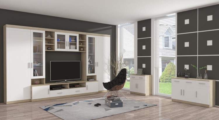 Meblościanka z witryną Paris WH01 z 2 komodami 3D 2S i 2D 2S Biały/Dąb Sonoma + LED