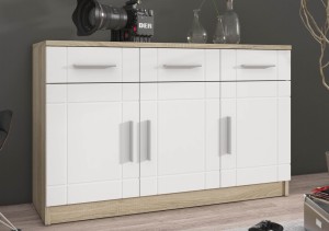 Meblościanka z witryną Paris WH01 z 2 komodami 3D 2S i 2D 2S Biały/Dąb Sonoma + LED