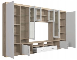 Meblościanka z witryną Paris WH01 z 2 komodami 3D 2S i 2D 2S Biały/Dąb Sonoma + LED