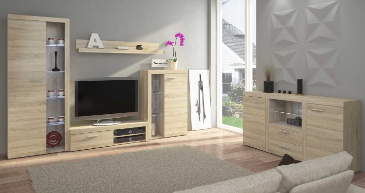 Meblościanka Rumba SO01 z komodą SO20 2D 2S Dąb Sonoma + LED