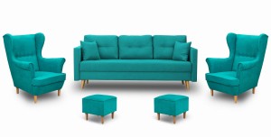 Komplet wypoczynkowy skandynawski sofa + 2 fotele z podnóżkami Turkusowy