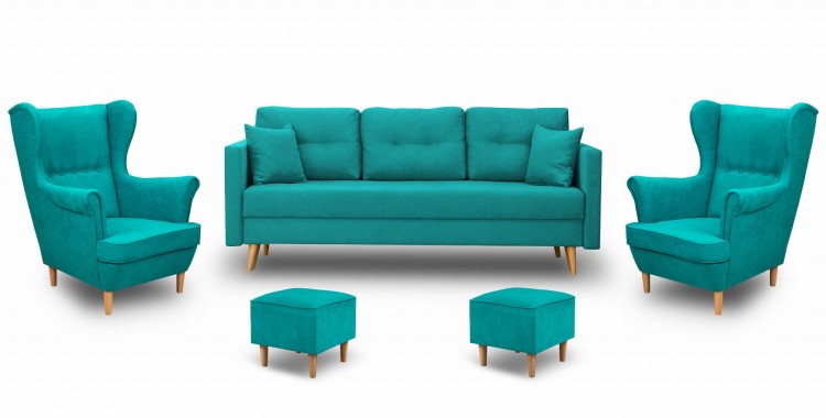 Komplet wypoczynkowy skandynawski sofa + 2 fotele z podnóżkami Turkusowy