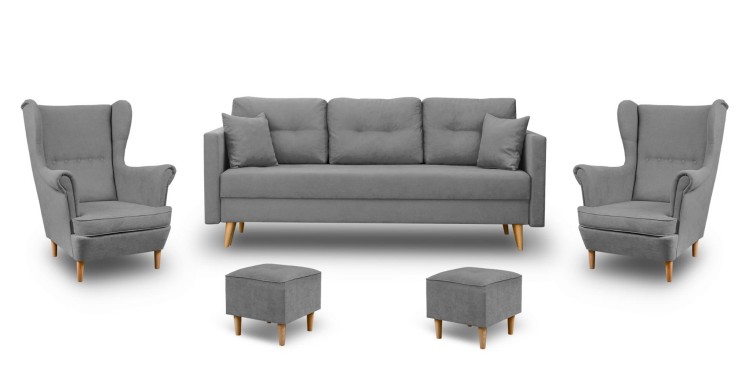 Komplet wypoczynkowy skandynawski sofa + 2 fotele z podnóżkami Szary