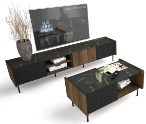 Szafka RTV 200 cm Prestigo P8 3D Czarny/Orzech/San Sebastian