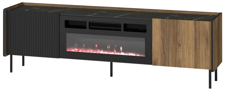 Komoda RTV 180 cm z kominkiem Prestigo P17 Czarny/Orzech/San Sebastian