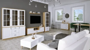 Szafka Flawia WHAR RTV 2D 1S z półką wiszącą Biały/Dąb Artisan