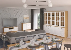 Szafka Flawia WHAR RTV 2D 1S z półką wiszącą Biały/Dąb Artisan