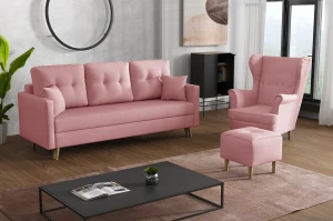 Komplet wypoczynkowy skandynawski sofa i 2 fotele Różowy