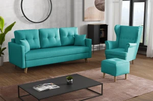 Komplet wypoczynkowy skandynawski sofa + 2 fotele z podnóżkami Turkusowy