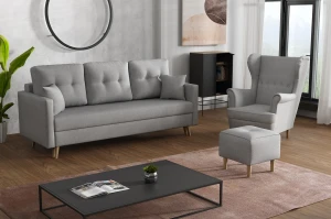 Komplet wypoczynkowy skandynawski sofa + 2 fotele z podnóżkami Szary