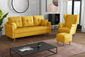 Komplet wypoczynkowy skandynawski sofa + 2 fotele z podnóżkami Żółty