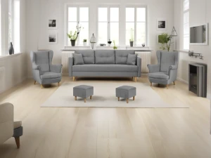 Komplet wypoczynkowy skandynawski sofa + 2 fotele z podnóżkami Szary