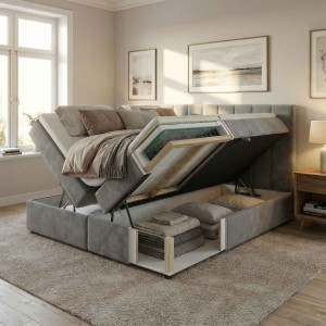 Łóżko kontynentalne 160x200 SONNO BELLO 2 Czarne Eko Skóra 2 pojemniki