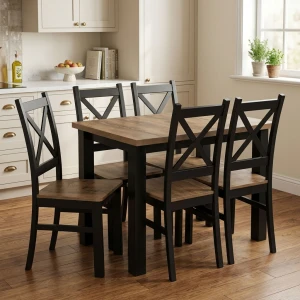 Komplet stół 120x80 z 5 krzesłami Czarny/Dąb Lefkas K002-5