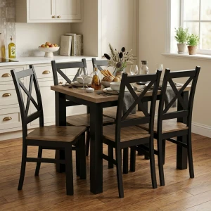 Komplet stół 120x80 z 5 krzesłami Czarny/Dąb Lefkas K002-5