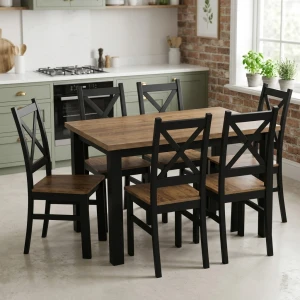 Komplet stół 120x80 z 6 krzesłami Czarny/Dąb Lefkas K002-6