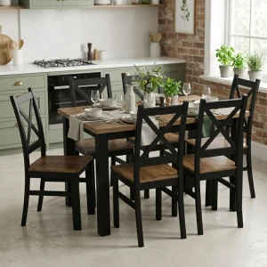 Komplet stół 120x80 z 6 krzesłami Czarny/Dąb Lefkas K002-6