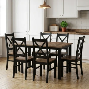 Komplet stół 150/190x80 z 6 krzesłami Czarny/Dąb Lefkas K003-6