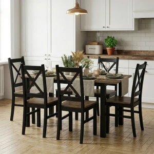 Komplet stół 150/190x80 z 6 krzesłami Czarny/Dąb Lefkas K003-6