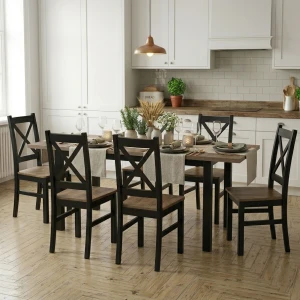 Komplet stół 150/190x80 z 6 krzesłami Czarny/Dąb Lefkas K003-6