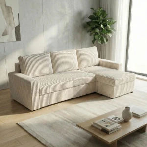 Narożnik rozkładany sofa funkcja spania NIRVANA PLUS sztruks gruby kremowy