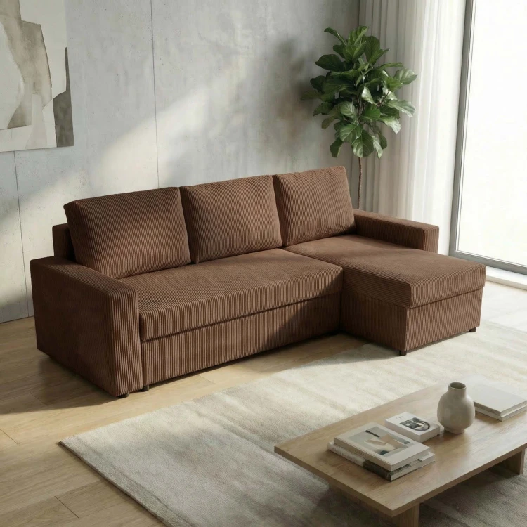 Narożnik do salonu rozkładany sofa funkcja spania NIRVANA sztruks brązowy