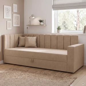 Tapczan łóżko 1-osobowe z pojemnikiem i sprężynami Sovaro PRO PLUS 90x200 Beżowy
