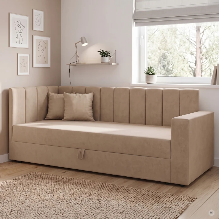 Tapczan łóżko 1-osobowe z pojemnikiem i sprężynami Sovaro PRO PLUS 90x200 Beżowy
