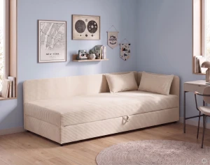 Tapczan łóżko 1-osobowe z pojemnikiem Hirek 80x180 Sztruks Kremowy