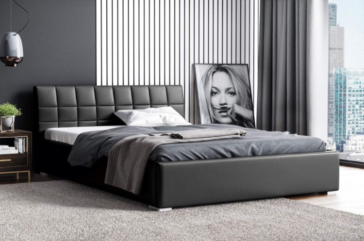Łóżko tapicerowane z materacem Kendi 180x200 Czarne Metalowy Stelaż