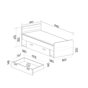 Łóżko jednoosobowe 80x190 Lorento 13 z materacem Biały/Dąb Nash