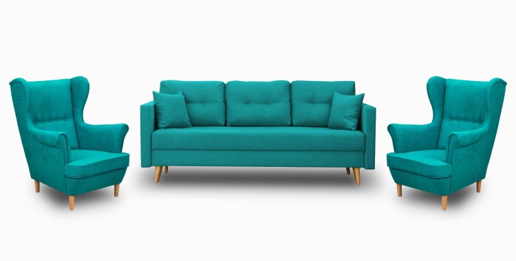 Komplet wypoczynkowy skandynawski sofa i 2 fotele Turkusowy