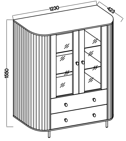 Witryna do salonu z przeszklonymi drzwiami i dwoma szufladami Flana 122 2F2S Dąb Cremona