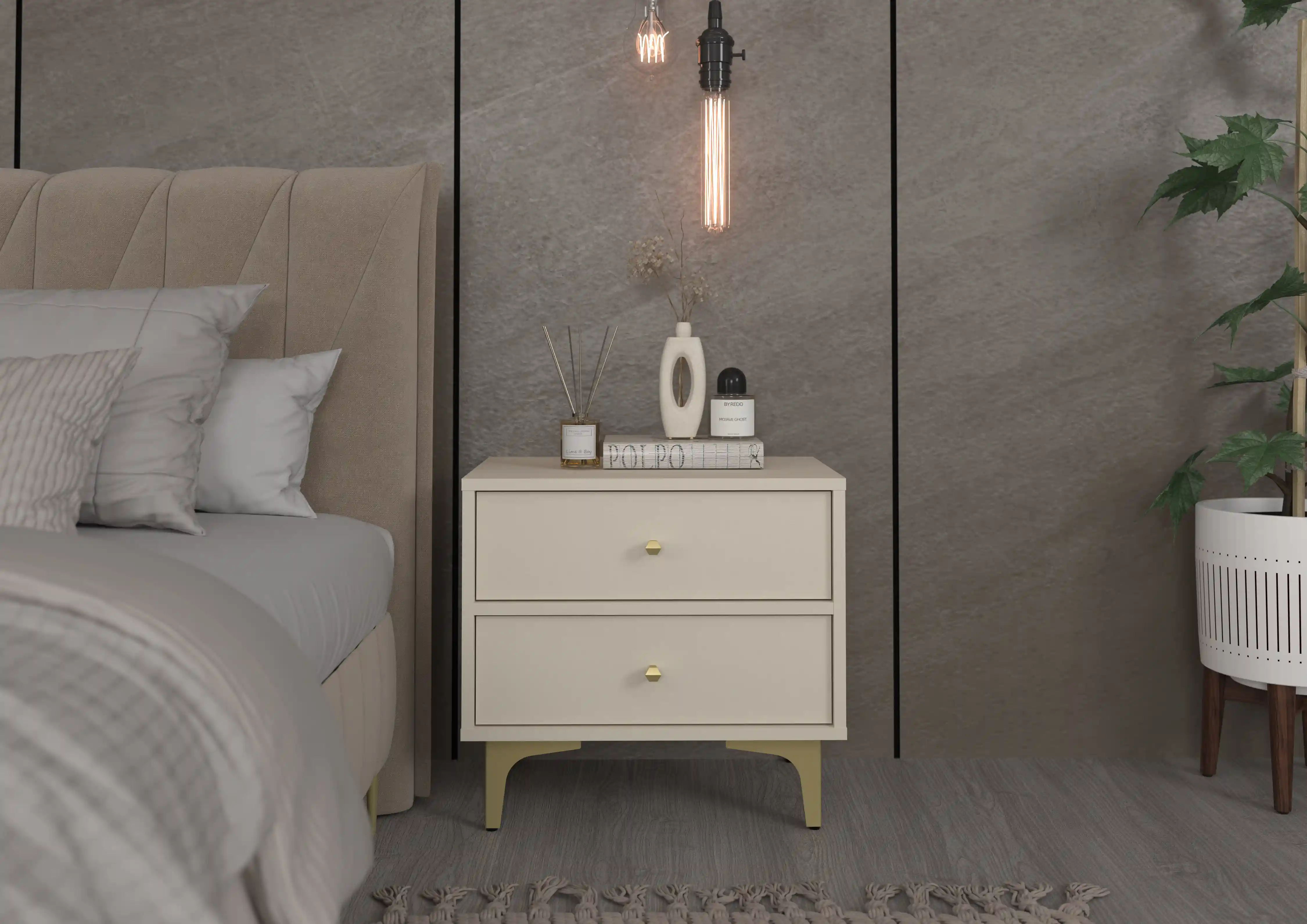 Stolik nocny z szufladami do sypialni Sakai 2S T801 Beżowy