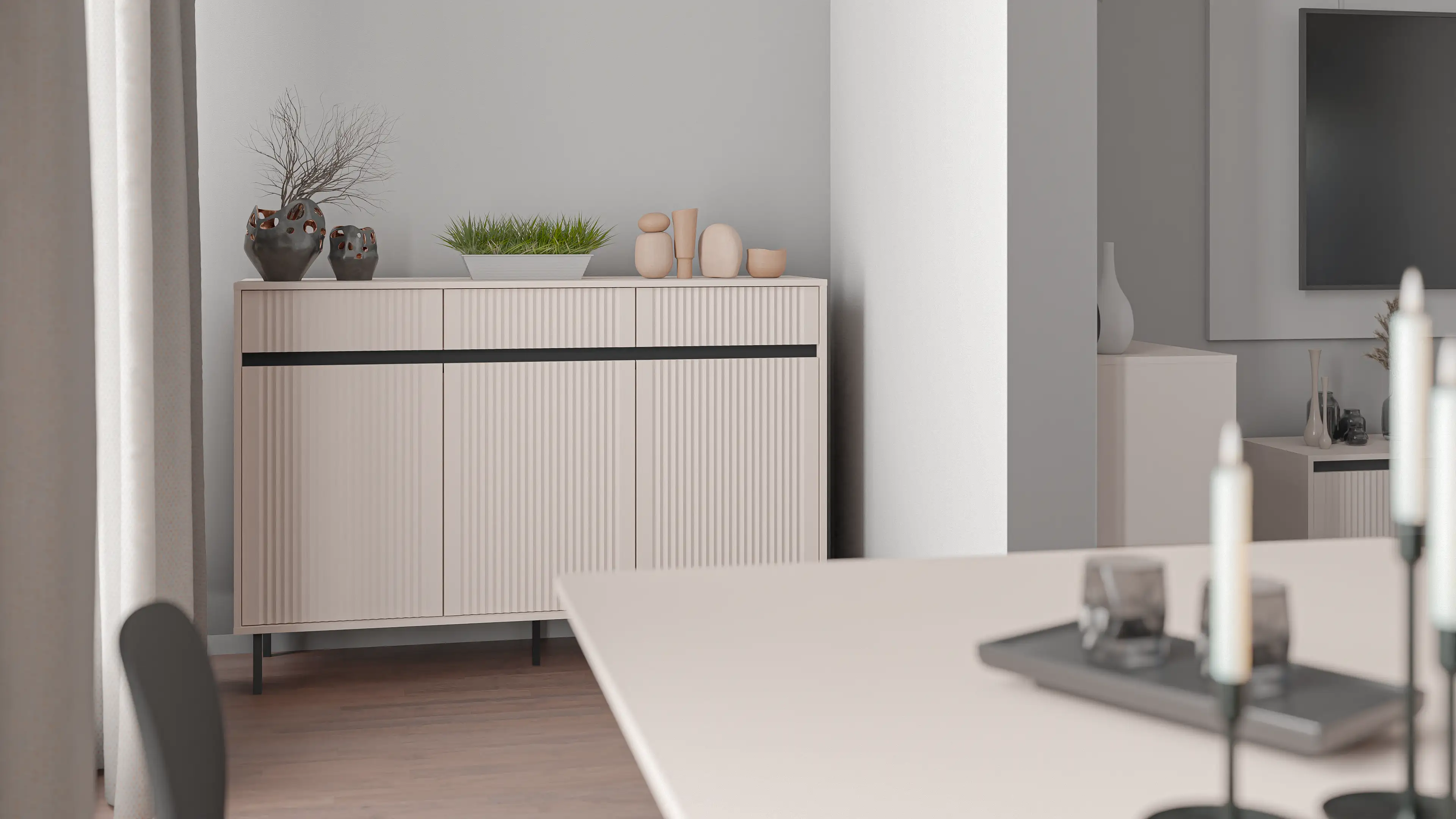 Komoda z ryflowanym frontem Yukashi 3F3S T833 beżowa