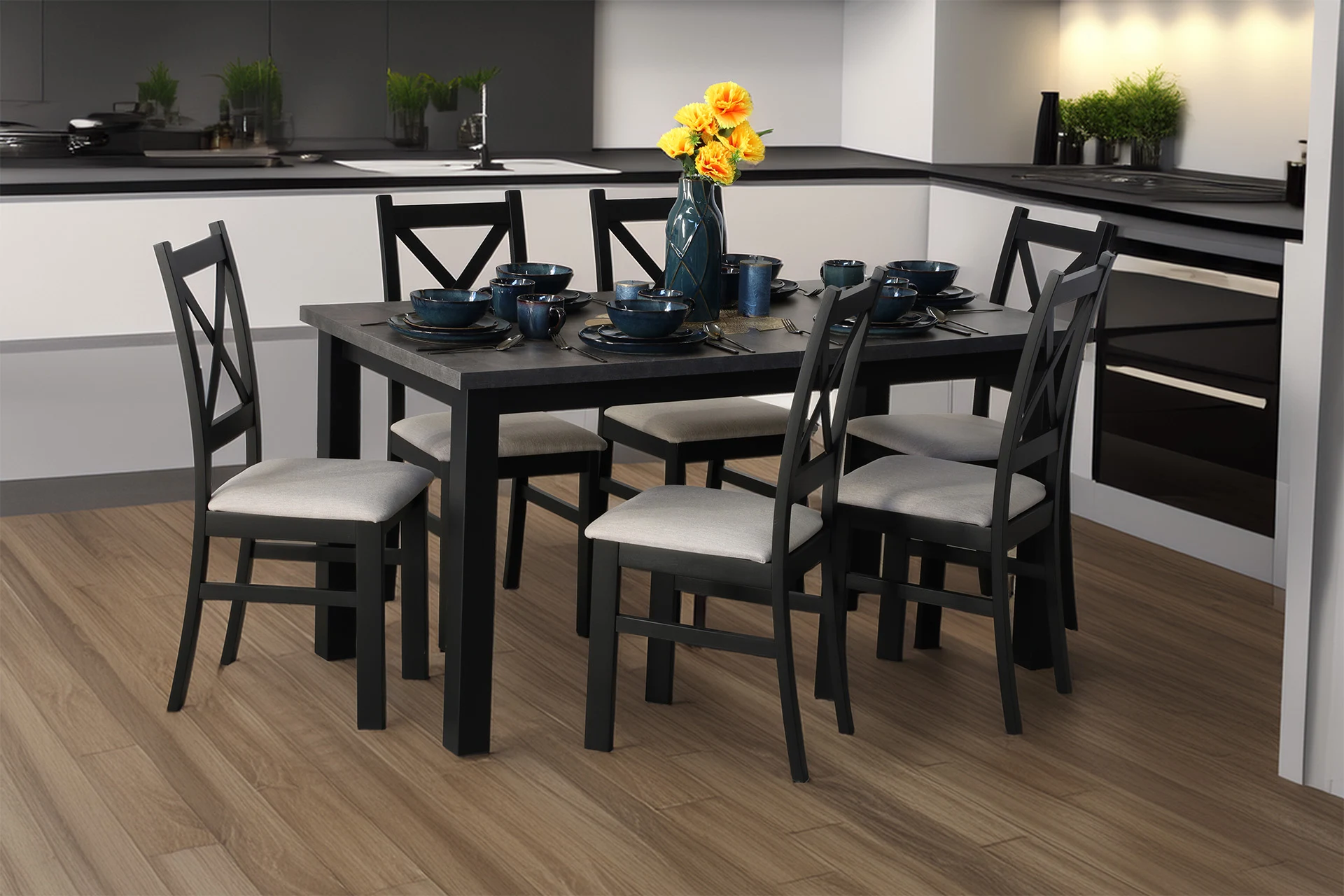 Stół rozkładany 150/190x80 z 6 krzesłami M006-6 Czarny/Beton